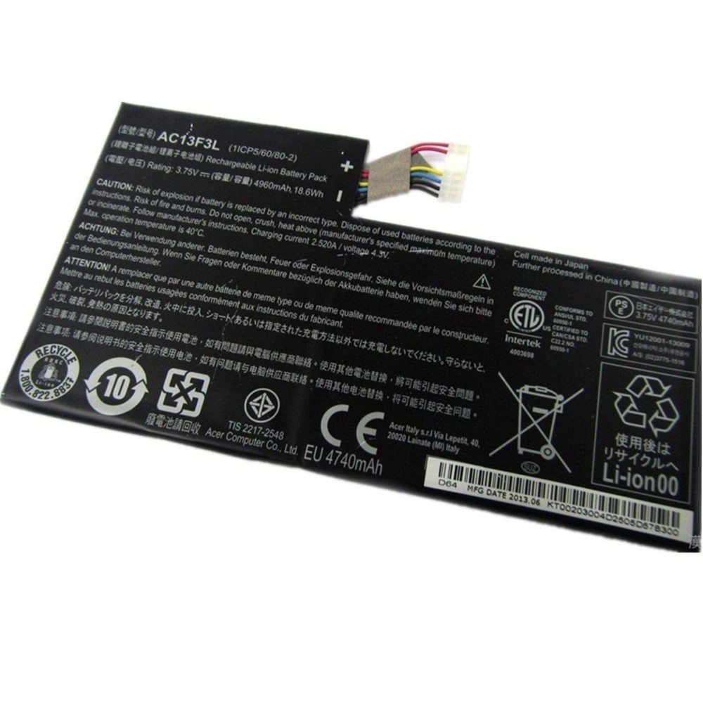 Batterie originale Acer 1ICP5/60/80-2, AC13F3L 3.75V 4960mAh pour ordinateur portable ACER A1-810, W4-820P, W4-820