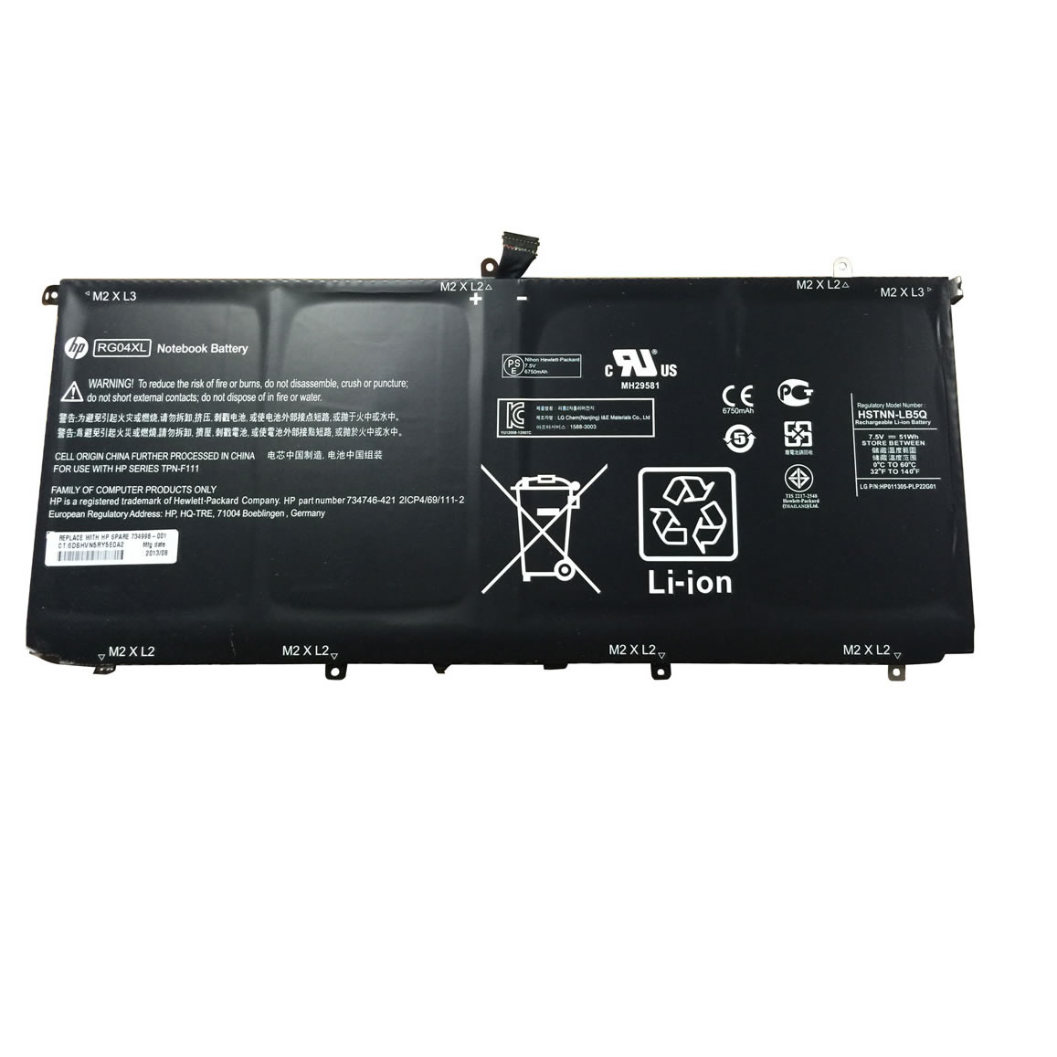 Batterie originale HP RG04XL HSTNN-LB5Q TPN-F111 7.5V 6750mAh, 51Wh pour ordinateur portable HP Spectre 13-3000EA Ultrabook, Spectre 13-3010DX Ultrabook séries