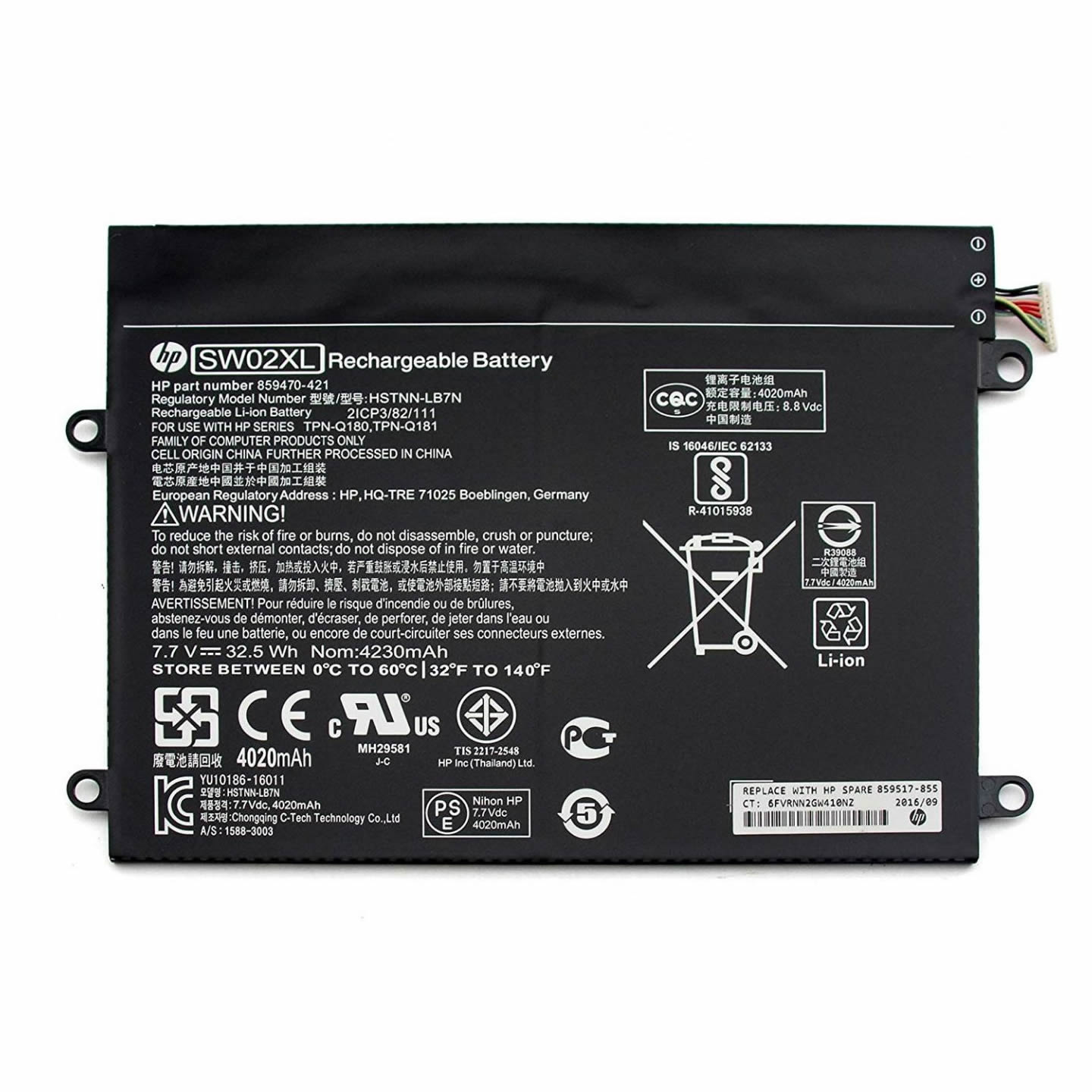 Batterie originale HP SW02XL 859517-855 TPN-Q181 7.7V 4221mAh, 32.5Wh pour ordinateur portable HP x2 210 G2 L5H45EA, Notebook X2 10-P014NS séries