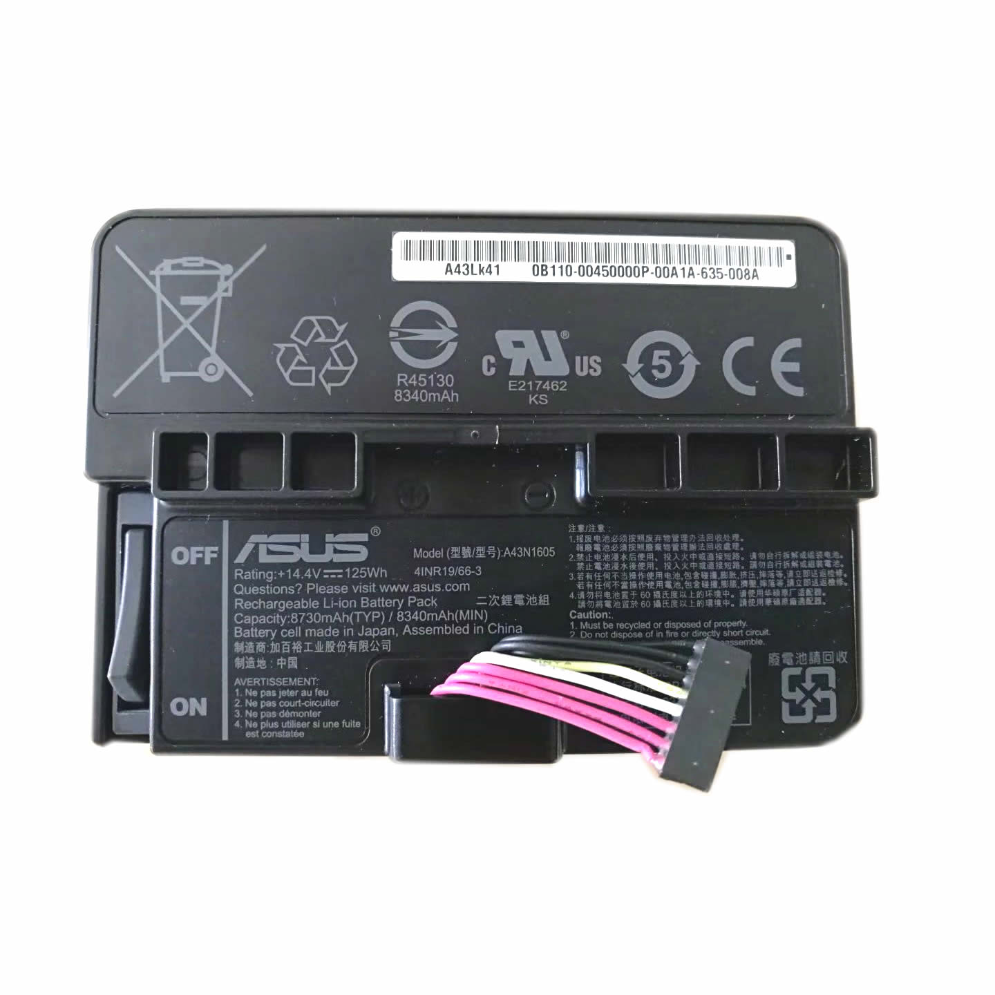 Batterie originale Asus A43N1605 A43LK41 14.4V 8730mAh, 125Wh pour ordinateur portable Asus A43N1605 séries