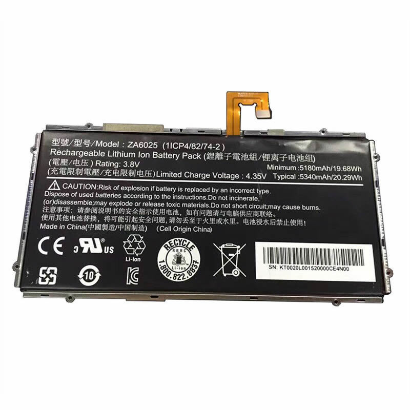 Batterie originale Acer ZA6025 1ICP4/82/74/-2 3.8V 5180mAh, 19.68Wh pour ordinateur portable Acer 1ICP4/82/74/-2, ZA6025 séries